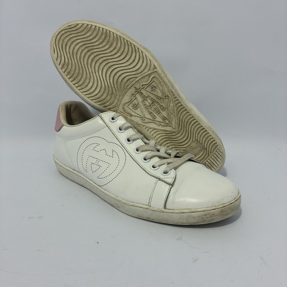 Gucci Ace Sneakers Size 38 White Leather Pink GG Logo Low Top Shoes US 8